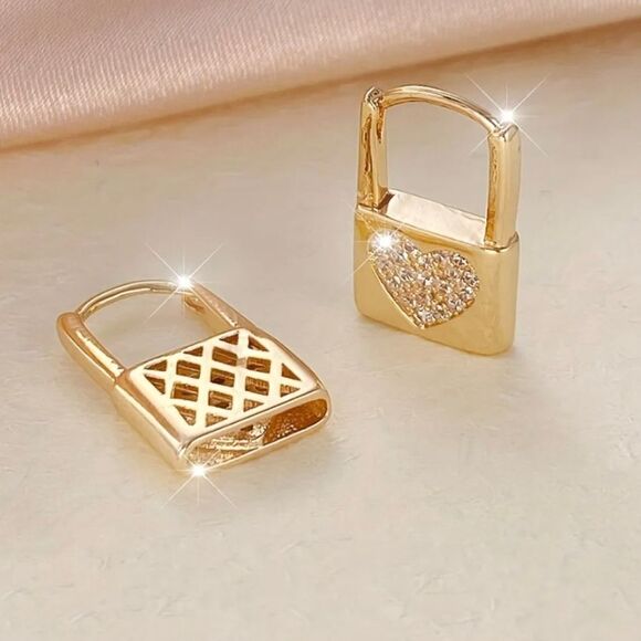 18K Gold Plated Diamond Pave Heart Pad Lock  Earrings - Picture 3 of 4